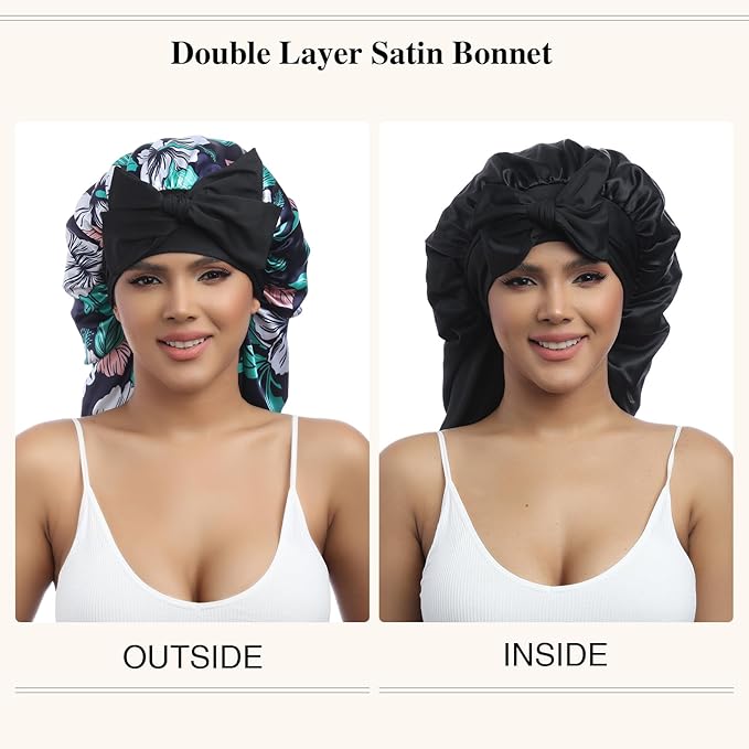 AWAYTR Long Satin Bonnet for Women - Double Layer Elastic Silk Bonnet for Braids Hair Sleeping Cap with Tie Band (Flower D)