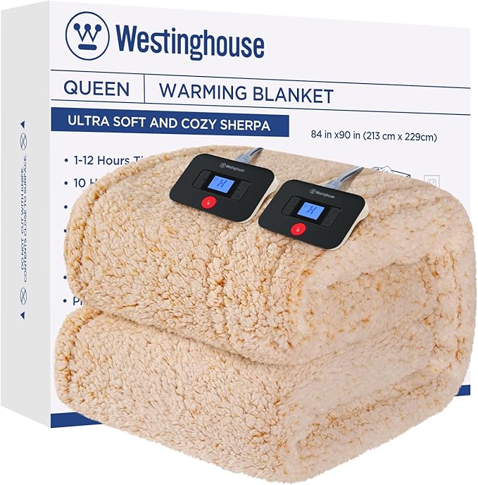 Westinghouse Electric Blanket Queen Size, Soft Plush Sherpa Heated Blanket with 10 Heating Levels & 1-12 Hours Auto-Off, Machine Washable, 84x90 inches, Yellow