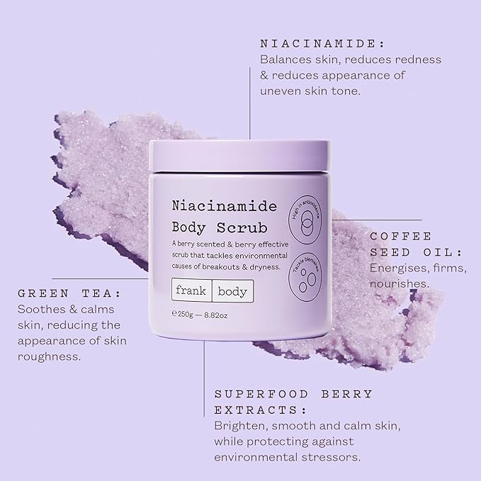 frank body Niacinamide Body Scrub | Fights Breakouts & Dryness | Exfoliating Body Scrub | Berry Extracts & Green Tea | Berry Scent | Vegan & Cruelty Free | 250g / 8.82 oz
