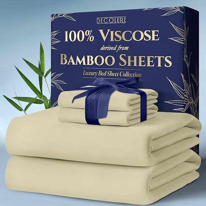 DECOLURE 100% Viscose Derived from Bamboo Sheets Cal King Size 4pcs - Ultra Soft & Luxuriously Cooling, 17" Deep Pocket, Double Stitching, Perfect for Hot Sleepers - King Bed Sheets (Creme)