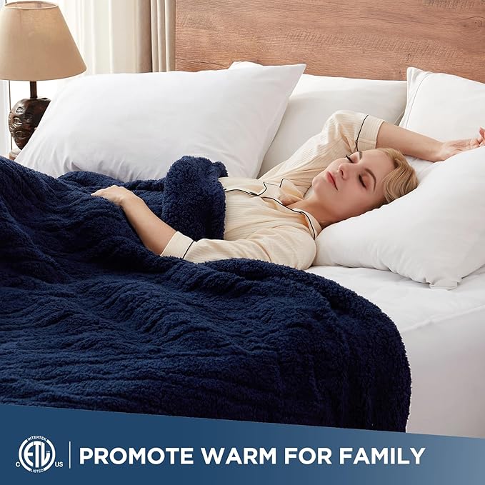 Westinghouse Electric Blanket Queen Size, Soft Plush Sherpa Heated Blanket with 10 Heating Levels & 1-12 Hours Auto-Off, Machine Washable, 84x90 inches, Navy