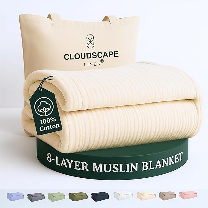 Cloud Scape Linen 8-Layer Muslin Blanket King Size for Adult - 100% Cotton, Breathable and Soft, Perfect Winter Cozy Blanket, Fits up to California King Bed, 92x108, Ivory