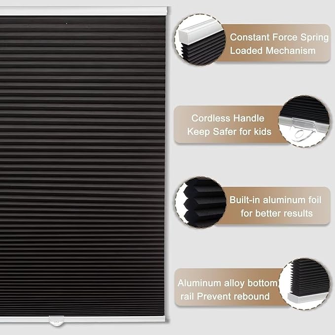 MYshade 1.5-Inch Cellular Cordless Blackout Shades,Thermal Insulating Noise Reducing Waterproof Blinds,Honeycomb Window Treatments for Indoor Light Control (Black-22 W x 50" H)