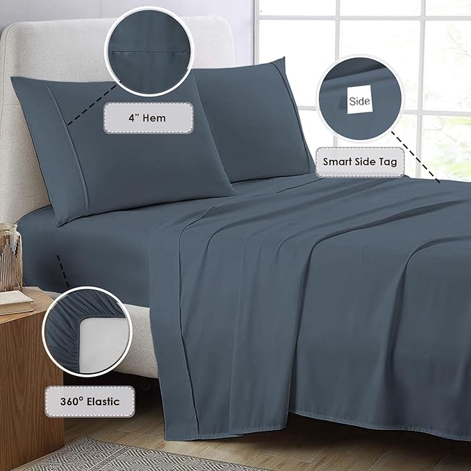 Pizuna Pure 100% Cotton California King Size Sheets, 800 Thread Count Long Staple Cotton Crisp Sateen Sheets with 15inch Deep Pocket (Dark Blue)