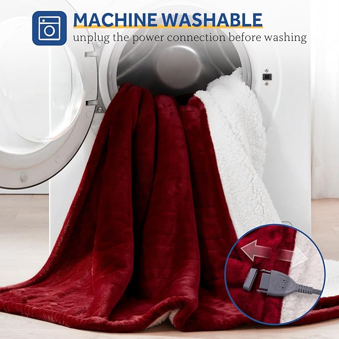 SEALY Heated Throw Blanket, Flannel & Sherpa Cozy Soft Electric Throw with 6 Heat Settings & 2-10 Hours Auto Shut Off, Machine Washable, 50x60 Inch, Burgundy
