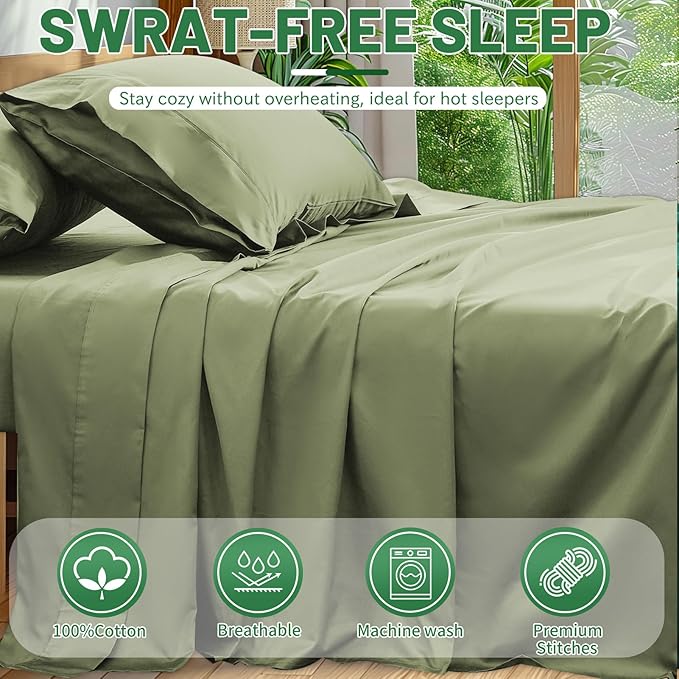 Extra Deep Pocket Queen Sheets 18-24 Inch 1000 Thread Count 100% Egyptian Cotton Sateen Weave Soft Breathable 4 Pieces（Queen,Olive Green）