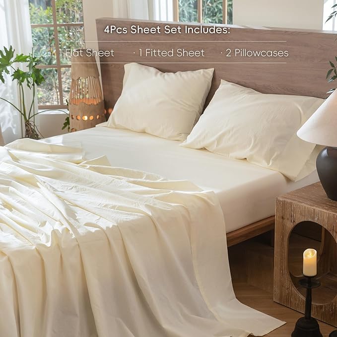 MooMee Bedding Sheet Set 100% Washed Cotton Linen Like Textured Breathable Durable Soft Comfy (Solid Cream White, King)