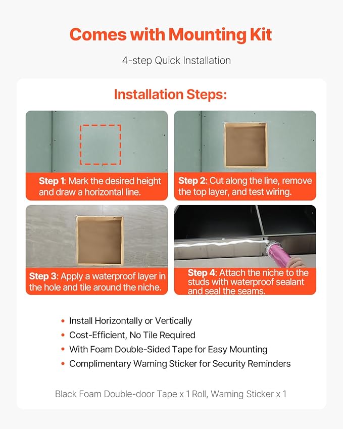 VEVOR Shower Niche, 13 x 13 x 4 inch Recessed Wall Niche, Heavy-duty Stainless Steel Modern Soap & Shampoo Storage Organizer, Sealed Waterproof, Durable & Easy to Install,Black for Bathroom