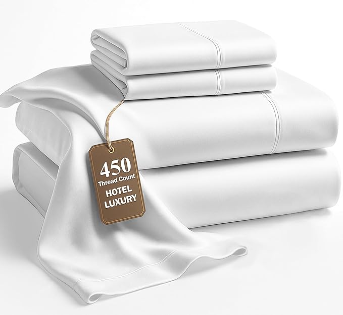 LANE LINEN 100% Cotton California King Sheet Set – 450 Thread Count Soft Sateen Sheets, Naturally Cooling & Breathable, 15” Deep Pocket Fully Elasticized Fitted Sheet, Bedding & Pillowcases, White