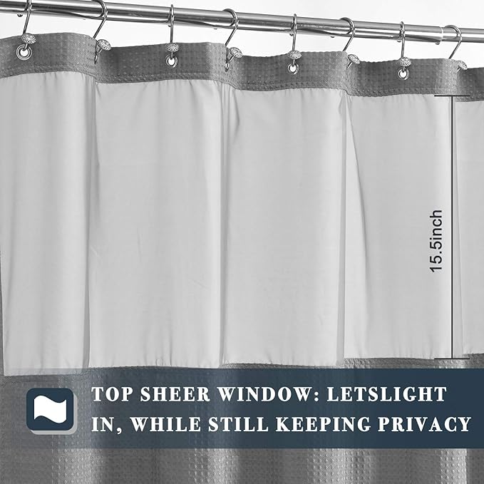 N&Y HOME 60 Inch Waffle Weave Shower Curtain with Snap-in Fabric Liner & 12 Metal Hooks Set - 60" x 72" Shower Stall Size, Hotel Style & Mesh Top Window, Machine Washable - Gray, 60x72