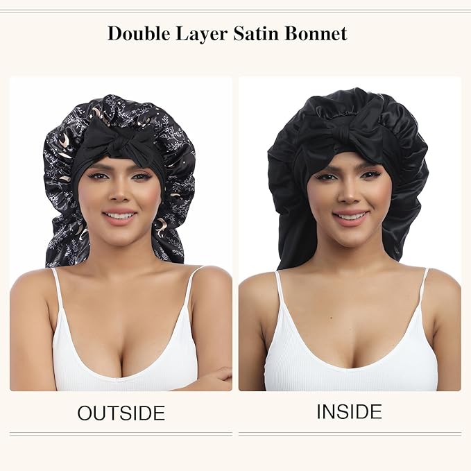 AWAYTR Long Satin Bonnet for Women - Double Layer Elastic Silk Bonnet for Braids Hair Sleeping Cap with Tie Band (Star and Moon+Black)