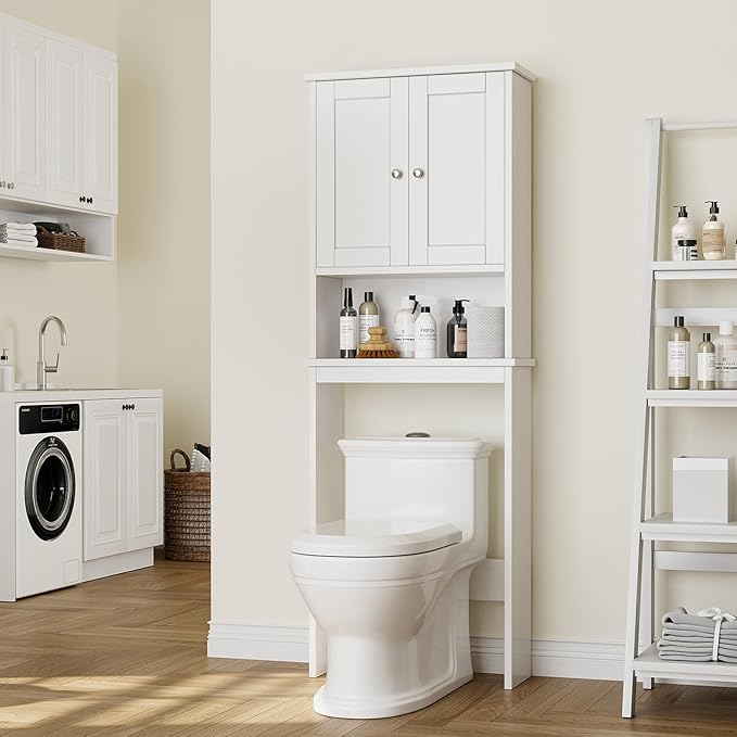 Meilocar Over The Toilet Storage Cabinet, Bathroom Storage Cabinet Over Toilet, Space Saver W/Adjustable Shelf & Open Shelf, White