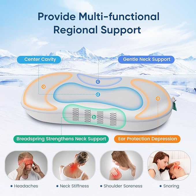 Elegear Deep Sleep Cooling Neck Pillow, Cervical Neck Support Pillow for Pain Relief with Zero-Pressure Tech & Built-in Springs Design, Ergonomic Contour Memory Foam Pillows for Back&Side Sleepers - M