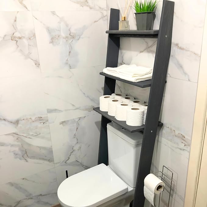 Over The Toilet Bathroom Organizer Shelves, 3-Tier Freestanding Above Toilet Storage Ladder Shelf, Standing Space Saver Behind Toilet Small Bathroom Organizer (Grey)
