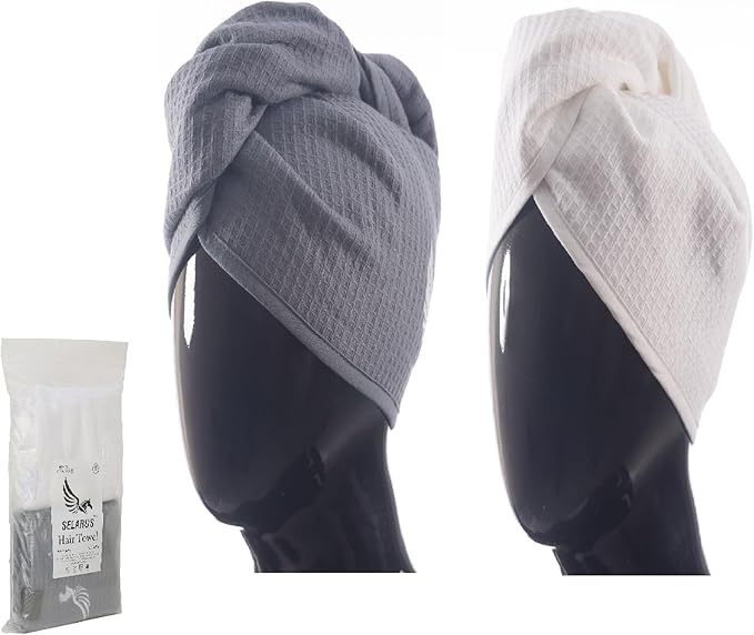 100% Turkish Cotton Hair Towel Wrap for Women,Non Microfiber,Super Absorbent,AntiFrizz,Plopping Hair Drying Waffle Bath Towels for Curly,Long&Thick Hairs,Head Wrap,2 Pack10x26inc (Grey+White)