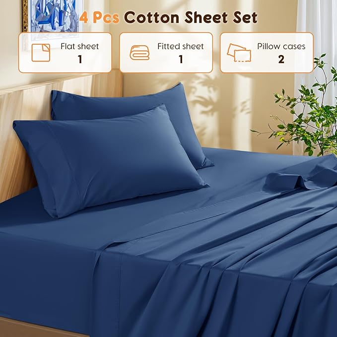 LBRO2M 100% Cotton Sheets Set Queen Size 600 Thread Count 4 Piece Sets Bed Sheet Deep Pocket Up to 16" Soft Comfortable All Season (Queen, Navy Blue)