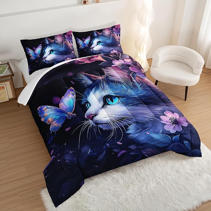 Kids Cat Comforter Set King Size,Fantasy Cats Butterfly Flowers Bedding Set for Kids Girls Kawaii Room Decor,Cute Little Animal Themed Toddler Bedding Set with 2 Pillowcases.