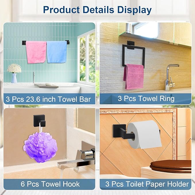 15 Pieces Bathroom Hardware Set, Matte Black Bathroom Accessories Set, Towel Racks for Bathroom, 23.6 Inch Bath Towel Bar Set Stainless Steel, Toilet Paper Holder Wall Mounted, Towel Ring, Towel Hook