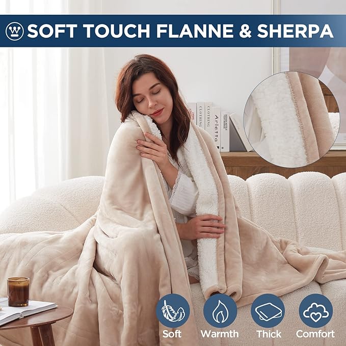 Westinghouse Electric Blanket Queen, Heated Blanket Queen Size with 10 Heating Levels and 1 to 12 Hours Heating Time Settings, Flannel to Sherpa Reversible, Machine Washable (84" x 90", Beige)