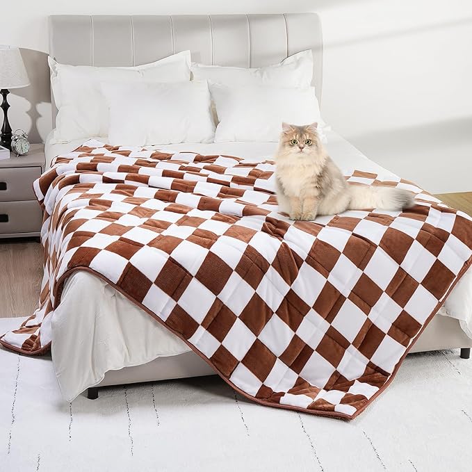 Cottonblue Checkerboard Weighted Blanket for Adults Twin Size 15 lbs 48" x 72", Fluffy Sherpa Flannel Heavy Weighted Throw Blankets for Bed Couch Sofa, Ultra Soft Cozy Bed Blanket, Plaid Khaki