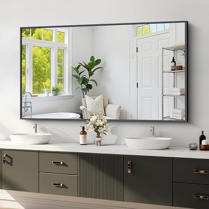 Koonmi Black Framed Bathroom Mirror - Shatterproof 30"x55" Tempered Glass, HD No Distortion, Horizontal/Vertical Mount, Modern Matte Aluminum Alloy Frame