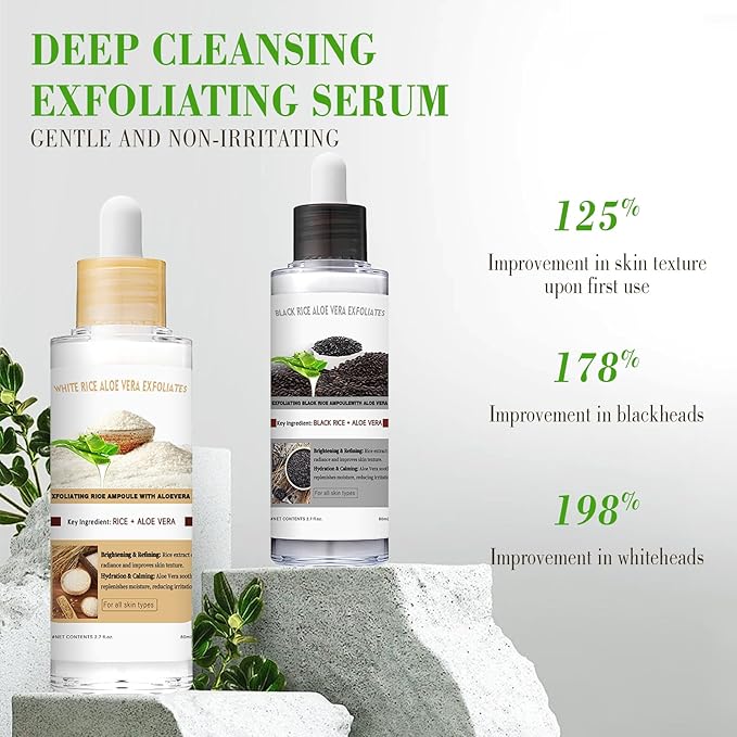 Aloe Vera Glow Black and White Rice Ampoule Duo, White & Black Rice Exfoliant Face and Body Scrub with Aloe Vera & Rice Extract，Moderate Exfoliating Facial Gel for All Skin Types