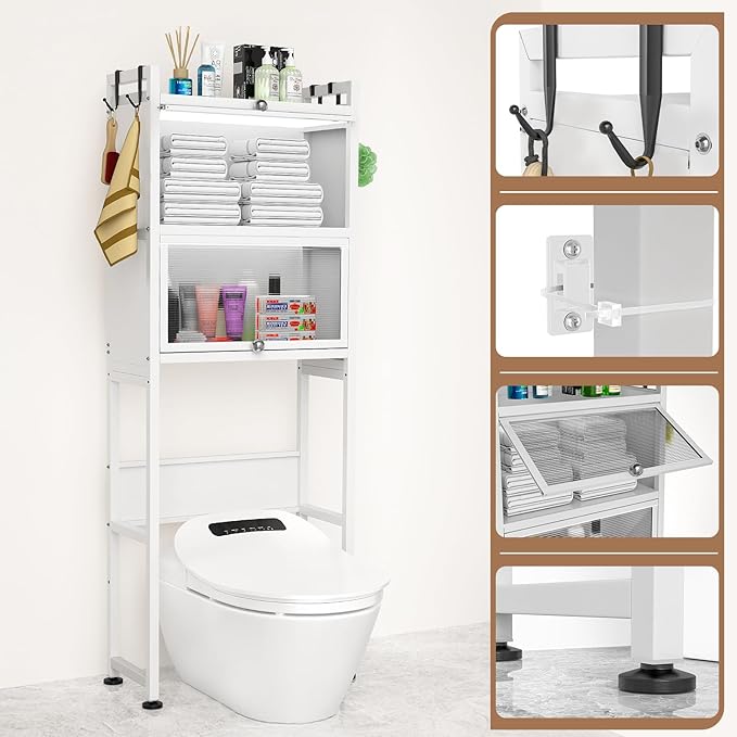 ZZL Over The Toilet Storage Cabinet,3-Tier,Bathroom Toilet Organizer,Waterproof, Cabinet Door Design,Freestanding Space Saver with 4 Hooks for Bathroom,White