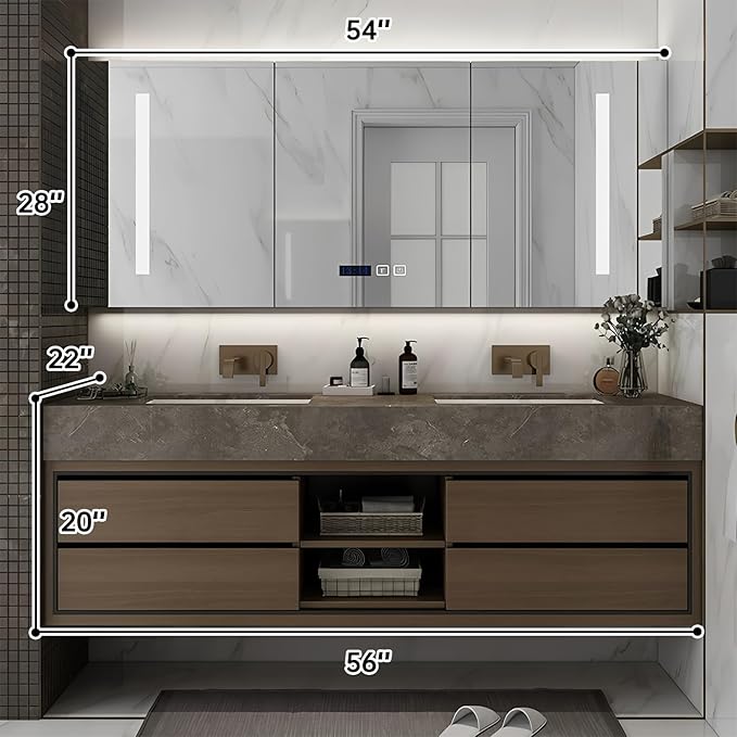 56IN Double Sink Bathroom Vanity, Floating Modern Bathroom Vanity Include Smart Defog Mirror Cabinet with LED Light, Solid Wood Vanities with Integrated Sink and Drawers Storage