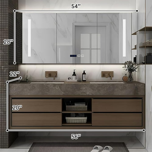 56IN Double Sink Bathroom Vanity, Floating Modern Bathroom Vanity Include Smart Defog Mirror Cabinet with LED Light, Solid Wood Vanities with Integrated Sink and Drawers Storage