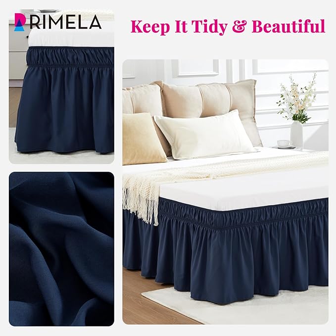 RIMELA Navy Blue Bed Skirt King Size 15 Inch Drop, Elastic Bed Skirting for Bed Base and Frame, Bedding Dust Ruffle Easy to Install, Lightweight Wrap Around Adjustable Bedskirt