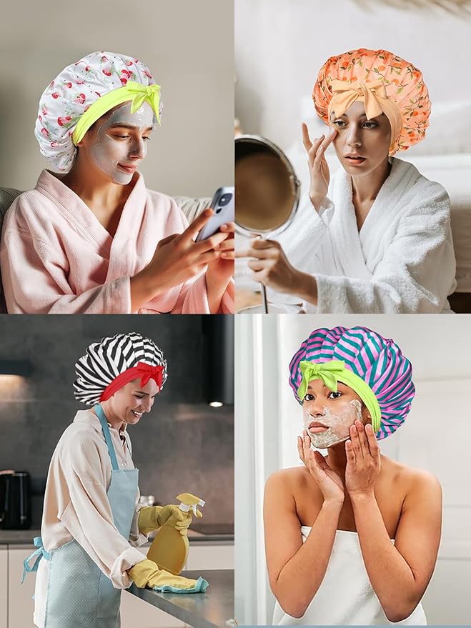 Floral Satin Bonnet For Sleeping Women Double Layer Pleated Design Adjustable Shower Cap For Curly Hair Orange