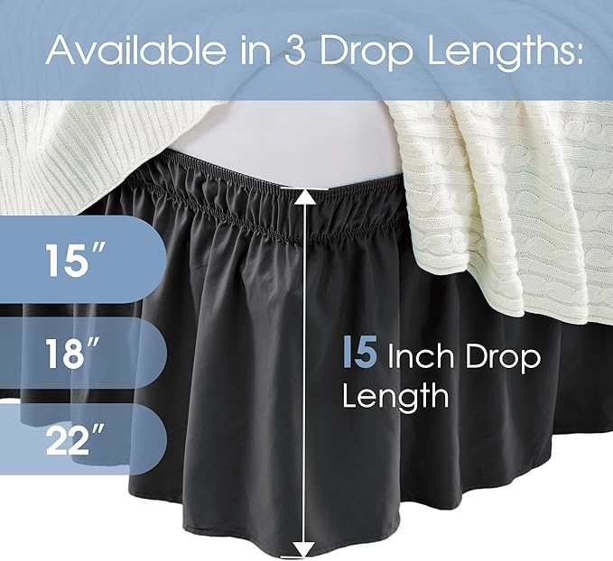 FreshCulture Twin Bed Skirt, Elastic Wrap Around Bed Skirt Twin Bed, Easy Fit with 15-Inch Tailored Drop, Hotel Quality Bed Skirts for Adjustable Bed (Black)