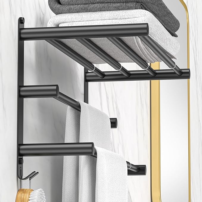 Black Adjustable Towel Bar for Bathroom Wall Mount17-30.7inch Adhesive Shower Towel Rack Stainless Steel Bath Towel Holders for Toilet Kitchen Double Towel Hanger (Black 3-Layer Towel Rack)
