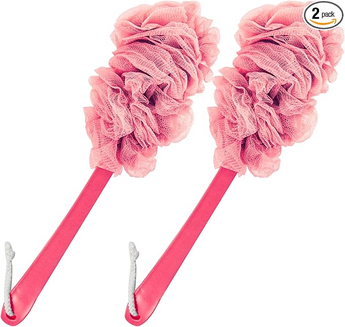 2Pack Back Scrubber for Shower，PIPUHA Loofah Sponge Shower Brush Using Body Exfoliating with Long Handle, Loofah on a Stick for Men Women, Bathing Accessories for Body Brushes (Red and Red)