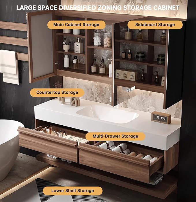 36" Bathroom Vanity, Floating Bathroom Vanity with Sink, Solid Wood Vanities with Smart Defogging Mirror Cabinet, Slate Countertop and Faucet, Wall Mount Bath Furniture Cabinet with Drawers (Walnut)