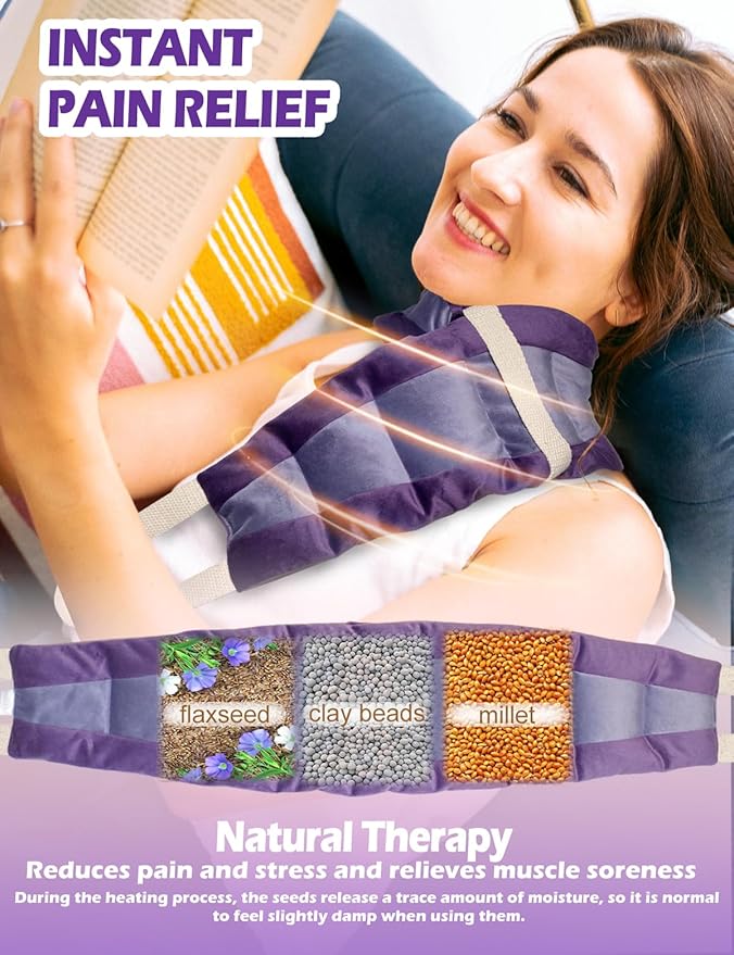 Long Heating Pad for Neck and Shoulders and Back Weighted Microwavable Moist Heated Neck Wrap Hot Pack Microwave Heatable Bag Warm Compress Reusable with Handles 33.5"*5.9" Unscented Purple