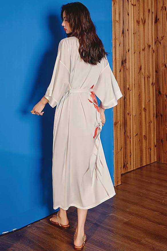 Silk Satin Robe for Women Long Japanese Kimono Robe Lightweight Soft Bathrobe Floral Luxury Dressing Gown