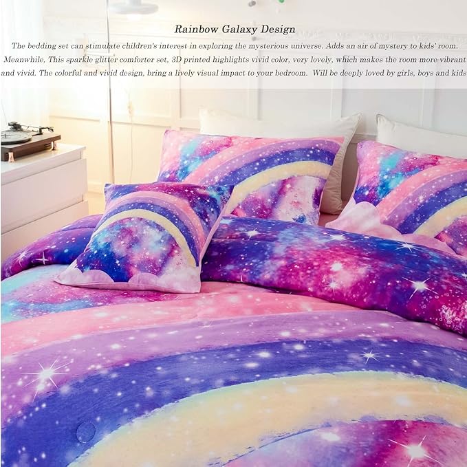 ANGIYUIN 6Pcs Rainbow Queen Size Comforter Set for Girls 3D Pastel Tie Dye Pink Comforter Bedding Set Soft Lightweight Bed in a Bag with Sheet Sets