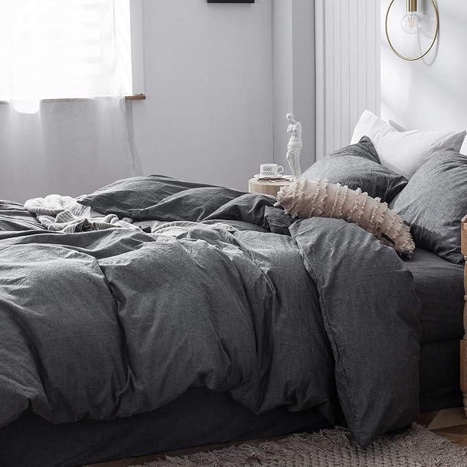 MooMee Bedding Duvet Cover Set 100% Washed Cotton Linen Like Textured Breathable Durable Soft Comfy (Heathered Dark Grey, Cal King 104"x98")