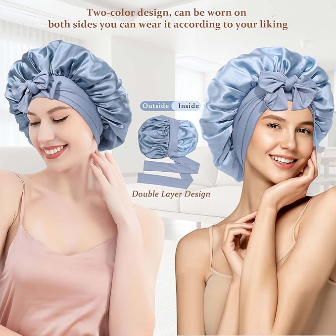 100% Mulberry Silk Bonnet for Sleeping Women Double Layer Silk Hair Bonnet Natural Silk Sleep Cap with Elastic Reversible Hair Wrap (Haze Blue + Sky Blue)