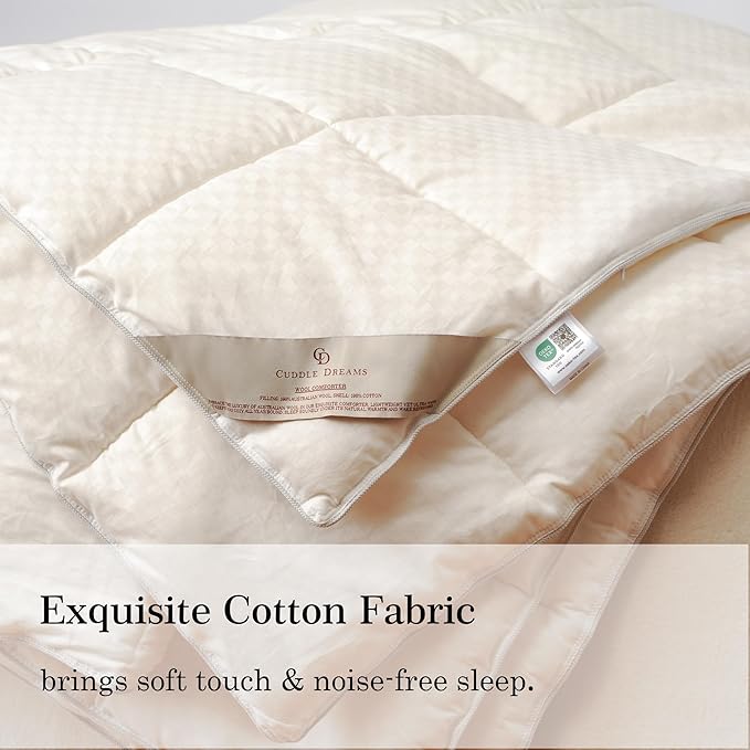 CUDDLE DREAMS Wool Comforter Duvet Insert, 100% Australian Wool Filling with Soft Noiseless Cotton Shell, Natural Warmth (Heavyweight for Winter, Queen)