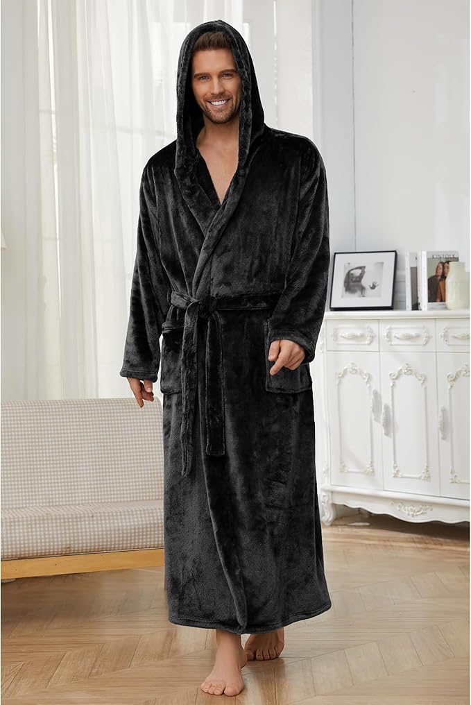 U2SKIIN Mens Robe with Hooded, Full Length Thickened Plush Robe Big and Tall Bathrobe
