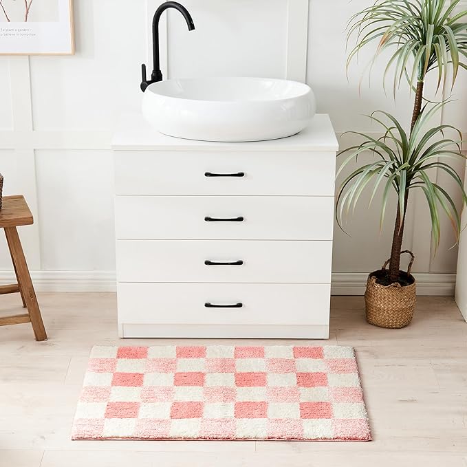 CozeCube Bath mats for Bathroom Non Slip, Fluffy Absorbent Microfiber Bath mat Washable, Aesthetic Bathroom Rugs, Cute Blossom Pink Checkered Bath mat, Blossom Pink, 32" x 20"