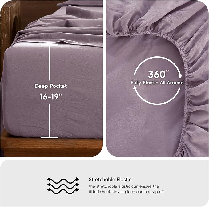 MooMee Bedding Sheet Set 100% Washed Cotton Linen Like Textured Breathable Durable Soft Comfy (Solid Taro Purple, King)