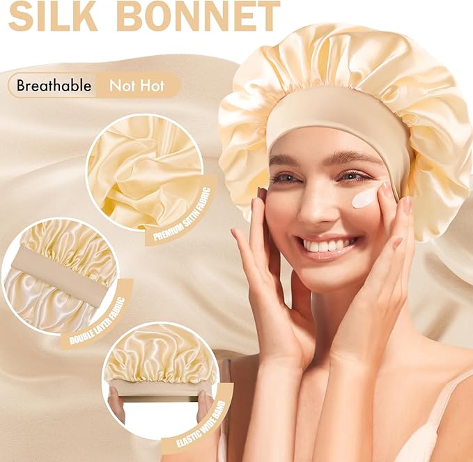 Satin Silk Bonnet for Sleeping, Double Layer Silk Sleep Cap for Men & Women, Soft Satin Lined Bonnet for Curly Hair