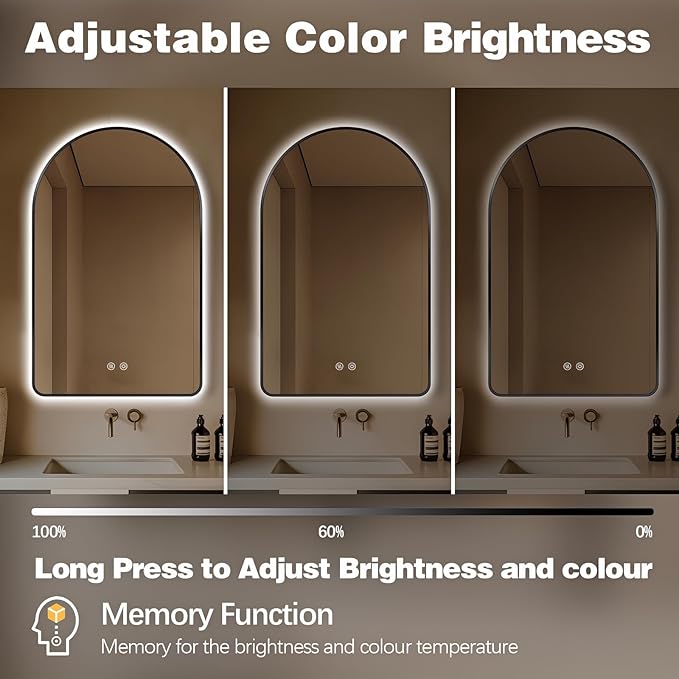 Niccy Arched LED Lighted Bathroom Mirror, 48x30 Inch Backlit Vanity Bathroom Mirror with Lights Brushed Black Framed Wall Mounted Mirrors with 3 Color Shatterproof Arch Smart Fog Free Mirror