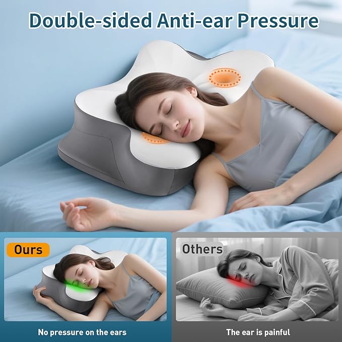 Cervical Neck Pillow for Pain Relief- Ergonomic Memory Foam Pillows for Sleeping, Dual Ear Relief Zone Contour Pillow, Neck Support Pillows for Side Back &Stomach Sleeper (White)
