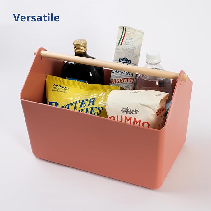 BLUE GINKGO Large Storage Basket – Plastic Caddy with Wooden Handle for Bathroom, Pantry, or Cleaning Supplies (Terracotta)