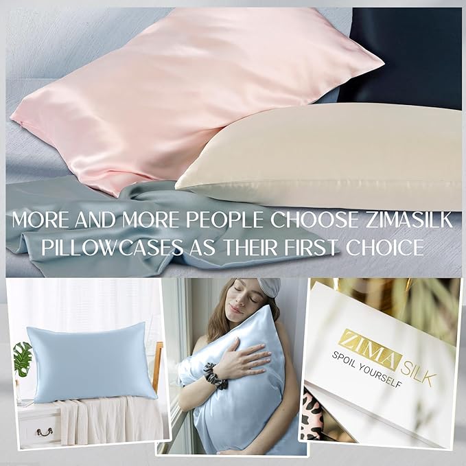 ZIMASILK 100% Pure Mulberry Silk Pillowcase for Hair and Skin Health,Soft and Smooth,Both Sides Premium Grade 6A Silk,600 Thread Count,with Hidden Zipper,1pc(Standard 20''x26'',Light Blue)