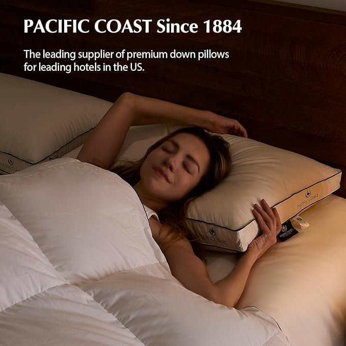Pacific Coast Goose Feather and Down Pillows, with 100% Organic Cotton Cover, Standard Size Set of 2, Gusseted Design for Sleeping, Hotel Collection, Firm Pillows for Side and Back Sleepers